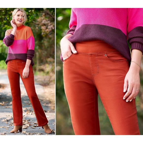 Belle by Kim Gravel Reg TripleLuxe‎ Twill Jeans Pull On Baby Bootcut Orange Sz 0 - Picture 1 of 13